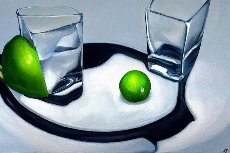 Image similar to award winning ultra - realistic!!! oil painting of an ice cube starting to melt next to a lime wedge!!!!, black!!! background