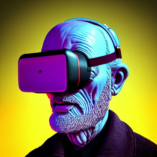 Image similar to Colour Photography of 1000 years old man with highly detailed 1000 years old face wearing higly detailed cyberpunk VR Headset designed by Josan Gonzalez . in style of Josan Gonzalez and Johannes Vermeer and Mike Winkelmann and Caspar David Friedrich. Rendered in Blender