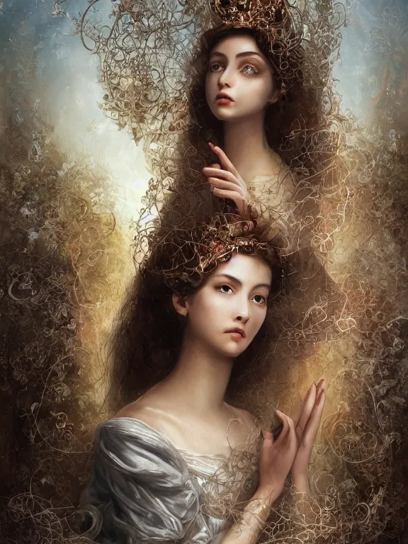 Prompt: a complex concept art ultra detailed of two baroque catholic veiled perfect female face android queens kneel and pray with lots of electric cable behind them connected to giant computer,bowknot, fine lace, GUCCI, sparkling, jewel embellishment, film lighting, by Andrei Riabovitchev,Stanely Artgerm, Tom Bagshaw, Andrei Riabovitchev, aaron horkey, trending on pinterest, full of color, mythological, high detailed,golden ratio,cinematic lighting