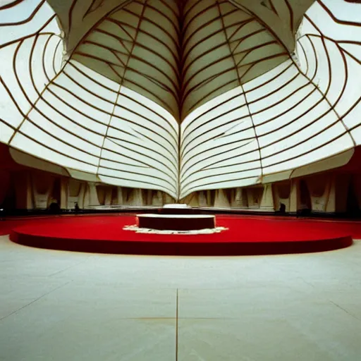 Image similar to interior of a futuristic lotus temple with gold, red and white marble panels, in the desert, by buckminster fuller and syd mead, intricate contemporary architecture, photo journalism, photography, cinematic, national geographic photoshoot