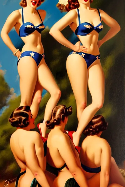 Prompt: 1940s group of pinup bikini girls, oil painting, by Gil Elvgren