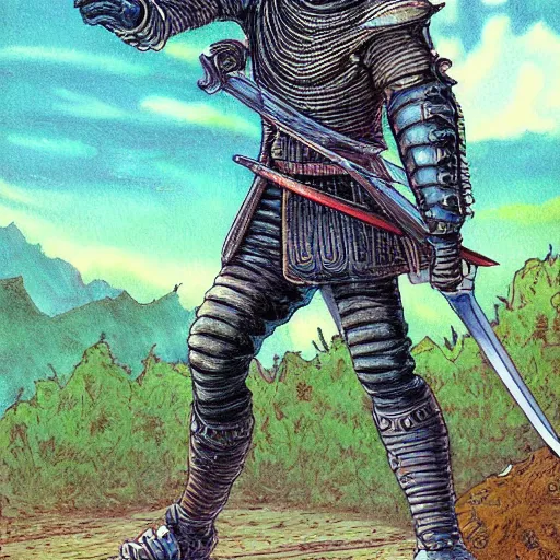 Prompt: a beautiful detailed painting of guts the black swordsman wielding his giant great sword while walking down an old dirt road by moebius, colored manga art