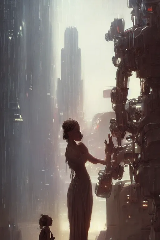 Prompt: a fancy portrait of a machine like creature holding a young women's dress : concept art for a scifi cyberpunk film. by greg rutkowski, john j. park, jason chan, noah bradley, feng zhu, rosa bonheur, edward hopper. sharp focus, cinematic atmosphere, detailed and intricate environment, perfect hand anatomy, realistic eyes