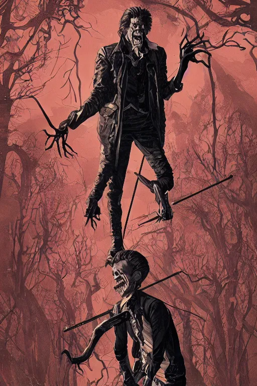 Image similar to willem dafoe in sleepy hollow, full body, big two toned eyes, teeth gritted, horror, intricate details, cinematic, epic, realistic, anatomy, tomer hanuka, uplight, artstation, photorealistic, scary