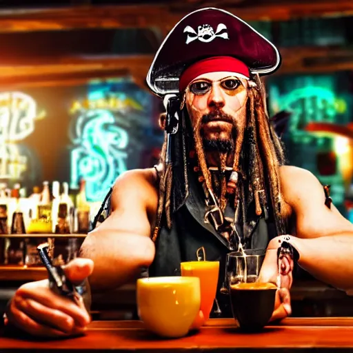 Prompt: high quality portrait of a pirate bartender in a cyberpunk cyberpunk cyberpunk cafe, realism, 8k, award winning photo