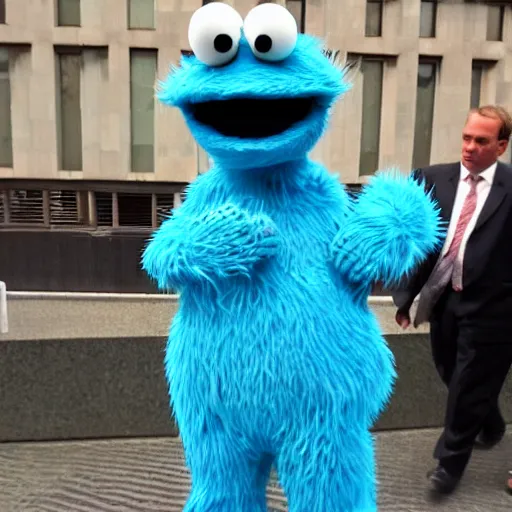 Image similar to Cookie Monster on trial at the Hague