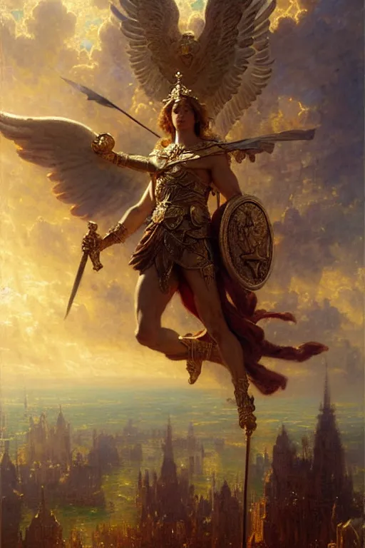 Image similar to saint michael the angel, guarding the world from evil. highly detailed painting by gaston bussiere, greg rutkowski 8 k