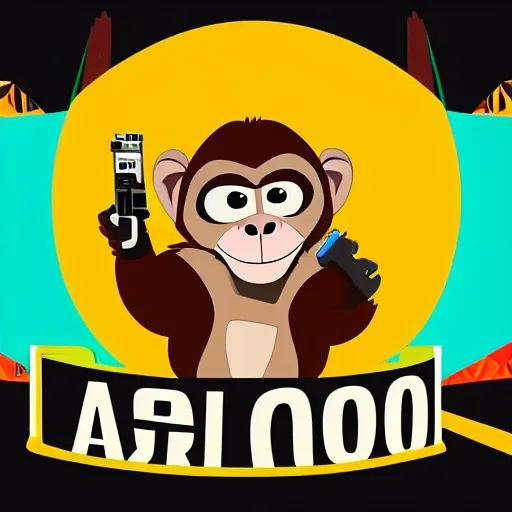 Image similar to “ logo of a monkey in the style of zootopia holding laser gun, with a black background, digital art, award winning, trending on art station, retro style ”