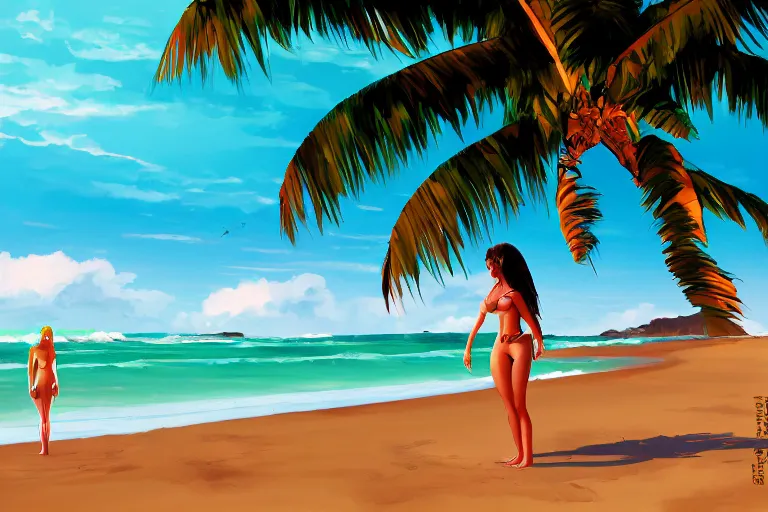 Prompt: concept art, painting of woman in bikini on costa rica beach, digital anime art, good lighting,