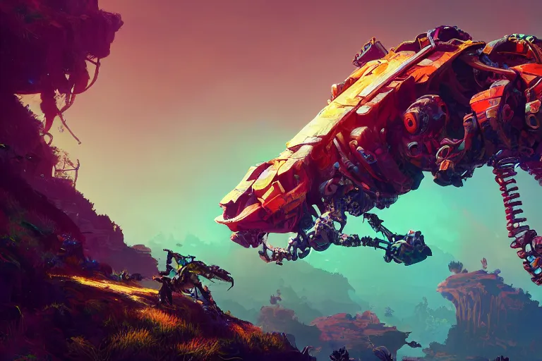 Image similar to clamberjaw machine mecanical creature robot of horizon forbidden west horizon zero dawn radiating a glowing aura global illumination ray tracing hdr fanart arstation by ian pesty and alena aenami artworks in 4 k