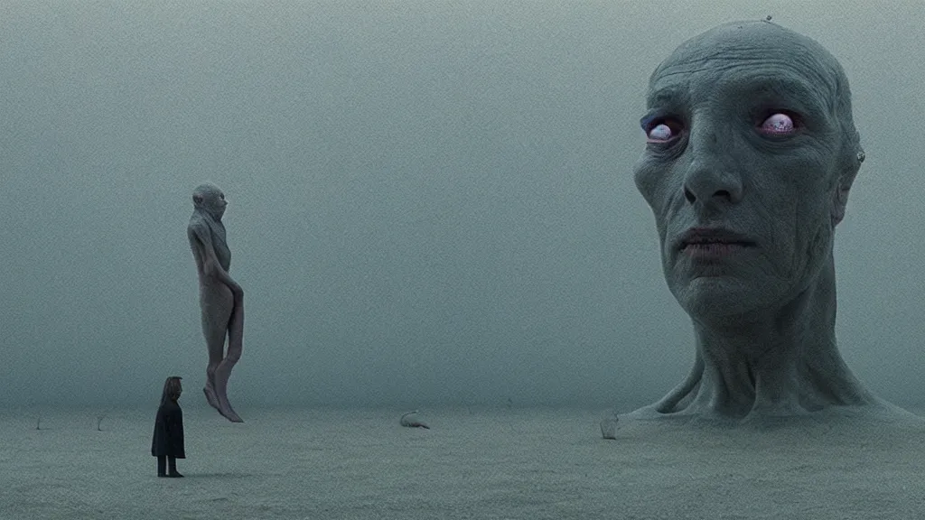 Prompt: a strange creature moves the human head, film still from the movie directed by Denis Villeneuve with art direction by Zdzisław Beksiński,