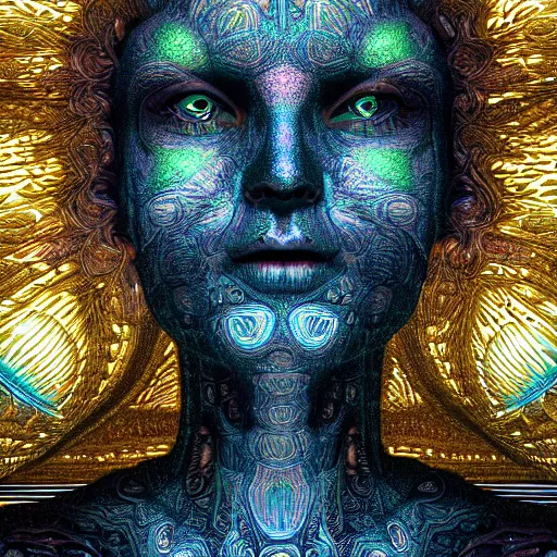 Prompt: beatifull frontal face portrait of a woman, 50mm, chromatic aberration, mandelbrot fractal, symmetric, intricate, elegant, highly detailed, ornate, ornament, sculpture, elegant , luxury, beautifully lit, ray trace, octane render in the style of peter Gric and alex grey