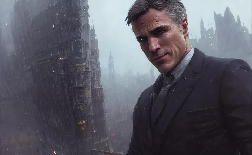 Image similar to highly detailed portrait of christoph waltz as bruce wayne, in batman comic book, stephen bliss, unreal engine, fantasy art by greg rutkowski, loish, rhads, ferdinand knab, makoto shinkai and lois van baarle, ilya kuvshinov, rossdraws, tom bagshaw, global illumination, radiant light, detailed and intricate environment