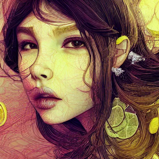 Image similar to the portrait of an absurdly beautiful, graceful, elegant, sophisticated, young teen girl made up of lemons looking up, an ultrafine hyperdetailed illustration by kim jung gi, irakli nadar, intricate linework, bright colors, octopath traveler, final fantasy, unreal engine 5 highly rendered, global illumination, radiant light, detailed and intricate environment