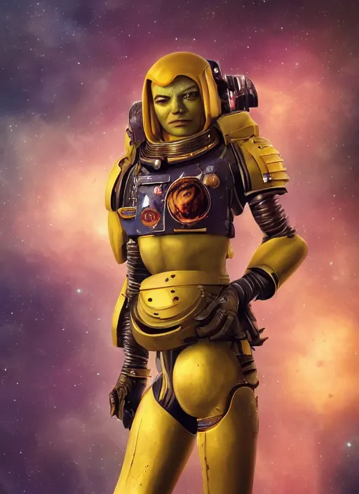 Image similar to cosmic portrait of emma stone as a space marine, apocalypse, naturel, hyper detailed, digital art, trending in artstation, cinematic lighting, studio quality, smooth render, unreal engine 5 rendered, octane rendered, art style by klimt and nixeu and ian sprigger and wlop and krenz cushart.