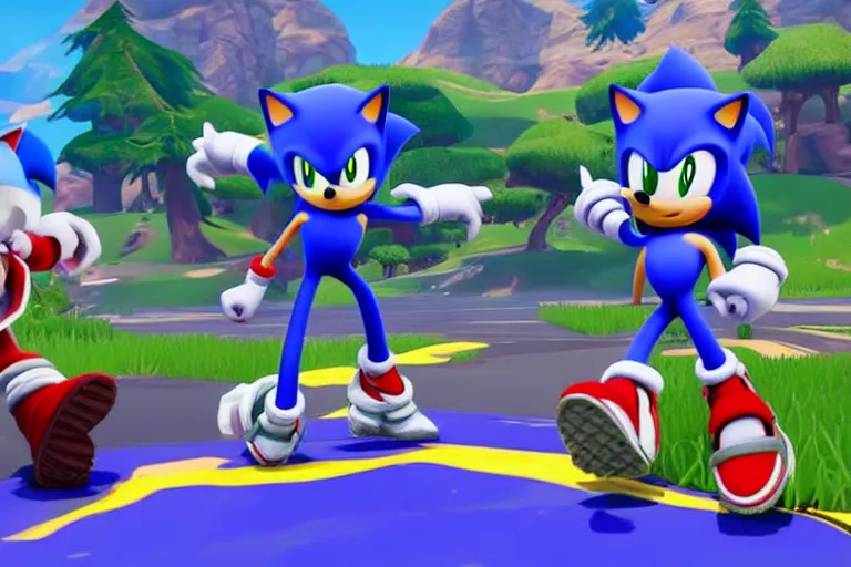 Image similar to sonic dancing in fortnite, gameplay