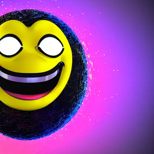 Image similar to exploding mind, happy emoji, 3 d render, 4 k, glossy sphere, psychodelic colors, black background