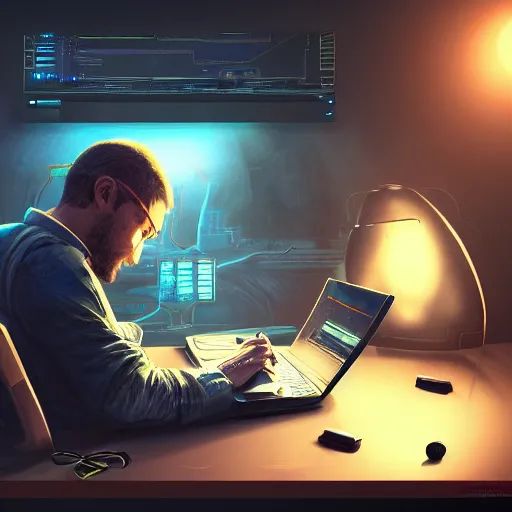 Image similar to realistic man using laptop in gaming room, artstation trends, sci fi concept art, highly detailed, intricate, sharp focus, digital art, 8 k