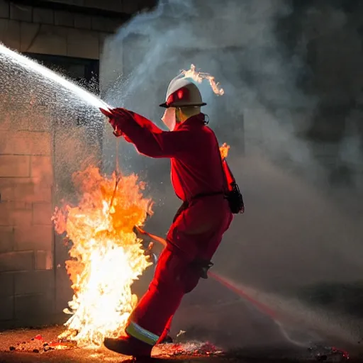 Image similar to a clown wearing firefighter clothes, using a flamethrower projecting a bright flame towards a dumpster fire