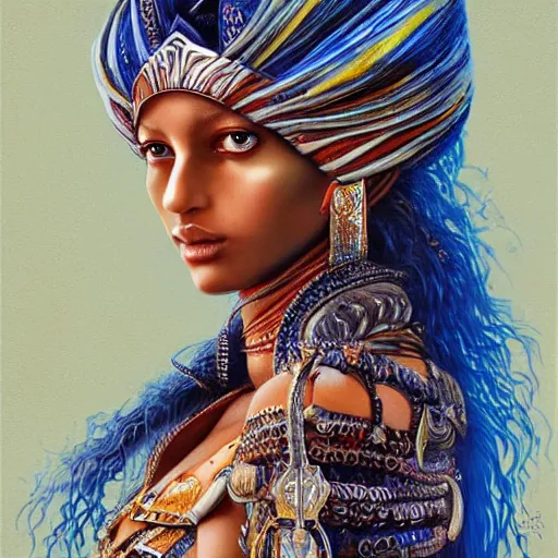 Prompt: a full body beautiful touareg woman by karol bak, ayami kojima, artgerm, sakimichan, arabian beauty, blue eyes, smile, concept art, fantasy