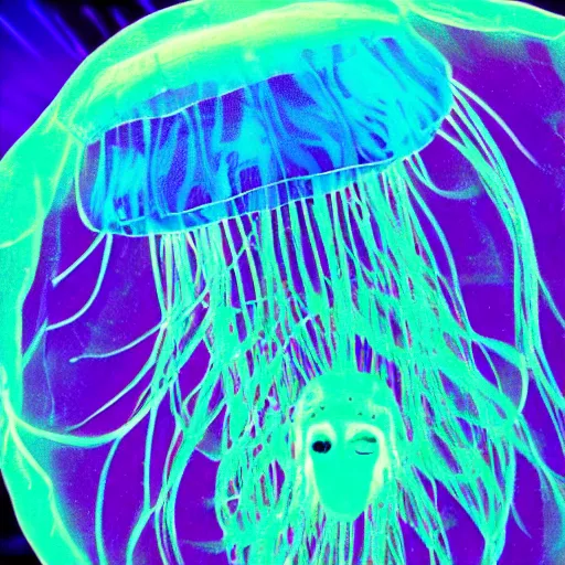 Prompt: a holographic jellyfish in the void