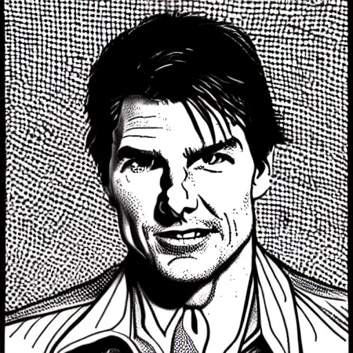 Image similar to a portrait drawing of Tom Cruise drawn by Robert Crumb