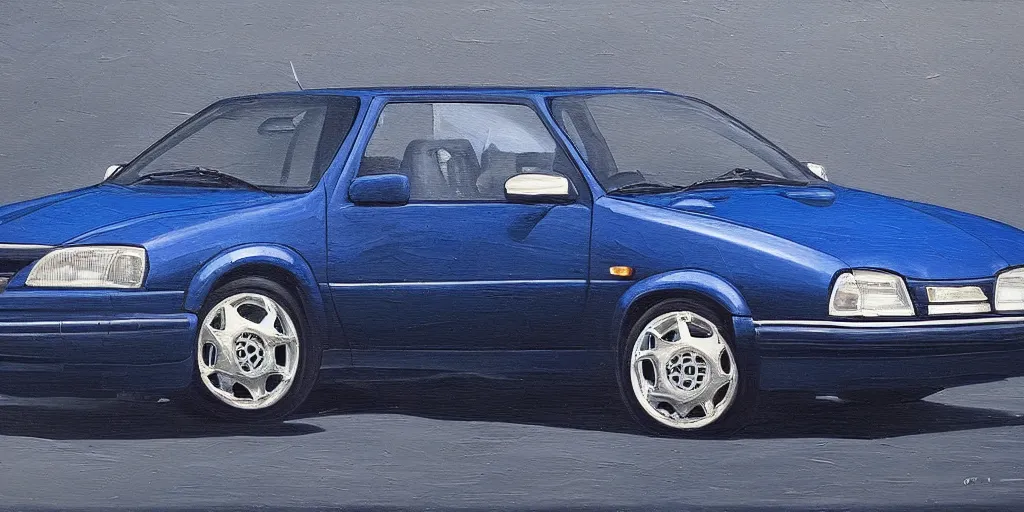 Image similar to Highly detailed oil painting of a dark blue 1991 opel astra, strong atmosphere, oil painting masterpiece by Josep Tapiró Baró, symmetry, fractals