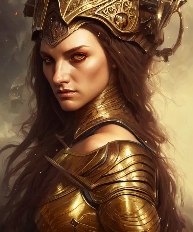 Image similar to Muscular and powerful medieval knight woman portrait full face, sci-fi, amber eyes, face, long hair, fantasy, intricate, elegant, highly detailed, digital painting, artstation, concept art, smooth, sharp focus, illustration, art by artgerm and greg rutkowski and alphonse mucha