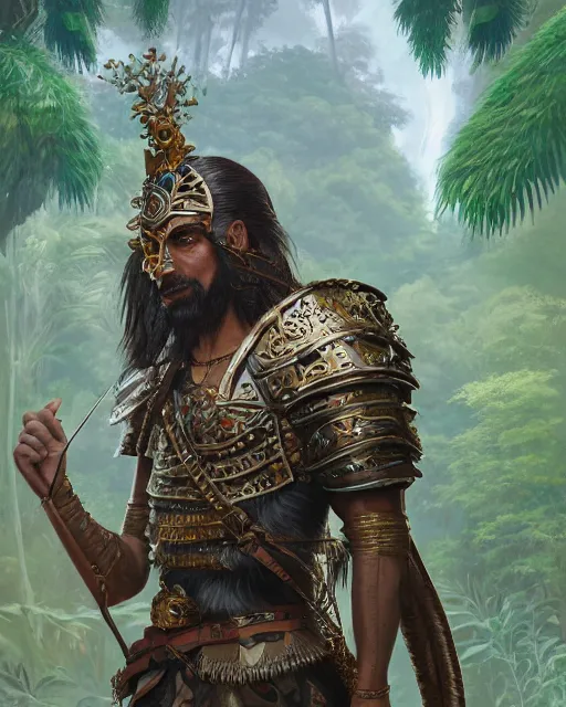 Prompt: detailed 3d render potrait of a conquistador wearing ornate armor in a jungle environment, art by nicola saviori and studio ghibli and greg rutkowski, studio ghibli color scheme, octane, cgsociety, intricate, cinematic lightning, symmetric, anatomy, face