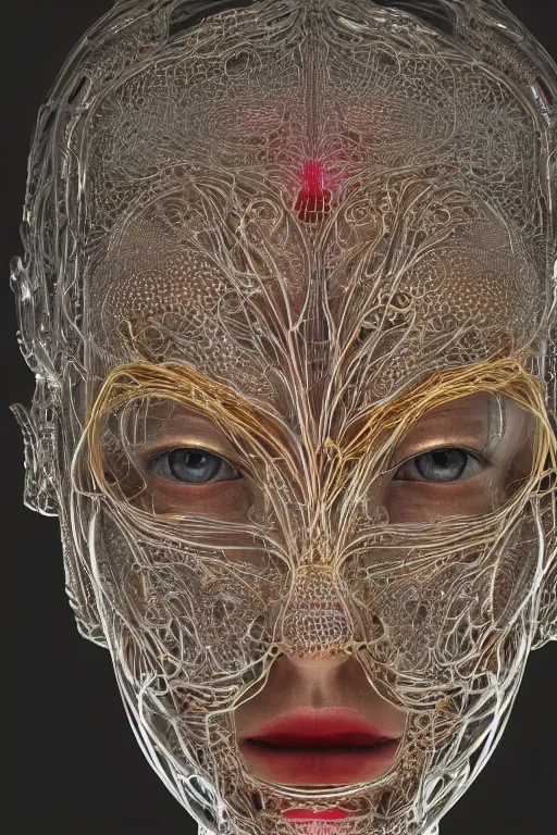 Image similar to a melancholic realistic 8k Sculpture of a complex robotic human face, liquid simulation, bright psychedelic color, dramatic lighting, silver gold red details, hexagonal mesh wire, filigree intricate details, cinematic, fleshy musculature, white blossoms, elegant, octane render, art nouveau, 8k post-processing, intricate art by John Collier and Albert Aublet and Krenz Cushart and Artem Demura and Alphonse Mucha