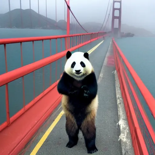 Image similar to a panda holding an umbrella and riding a unicycle on golden gate bridge,