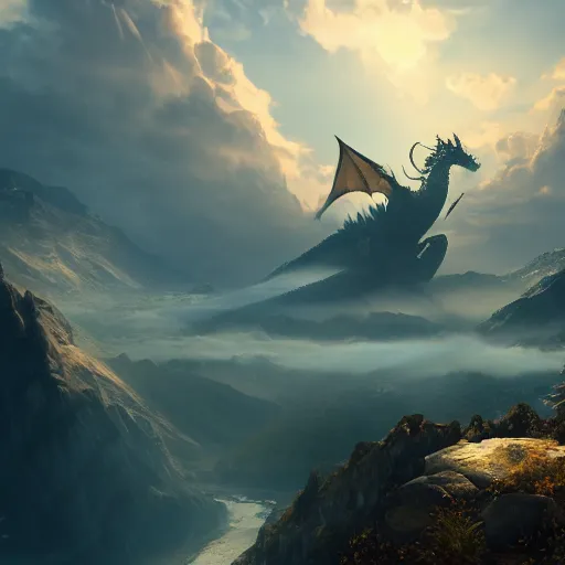 Image similar to giant majestic epic dragon on a mountain between the clouds, epic, volumetric light, volumetric fog, extreme details, 8 k, artstation