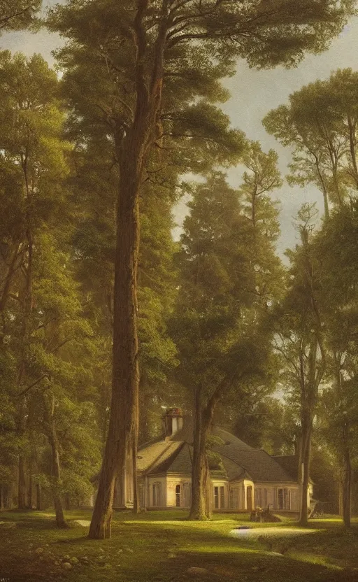 Prompt: portrait of a victorian manor house in a pine forest, well lit, detailed, cinematic lighting, oil painting