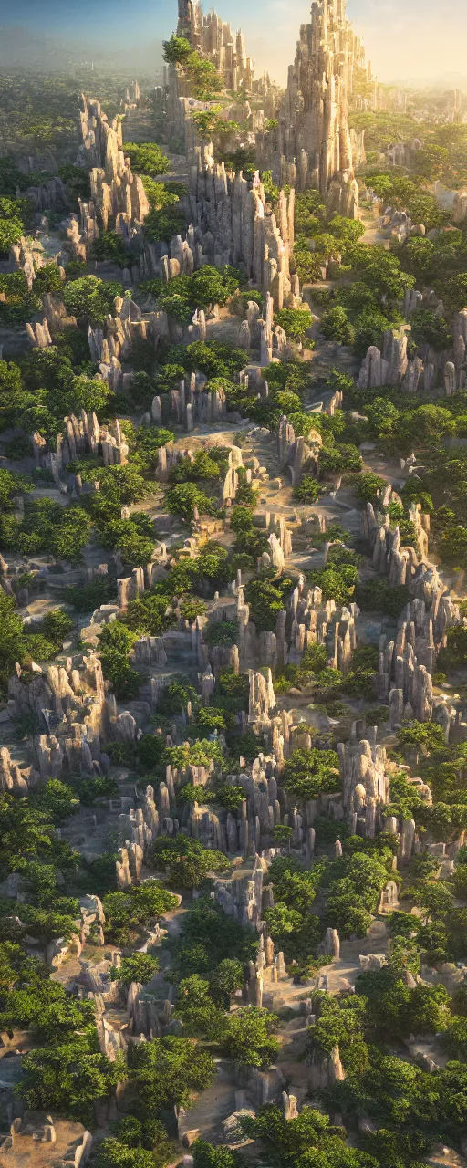 Image similar to single tower, golden babylon tower, beight stone, sacred ancient architecture, hanging gardens, cascading highrise, arid mountains with lush palm forest, sunlight, post - production, octane, cgi, sfx