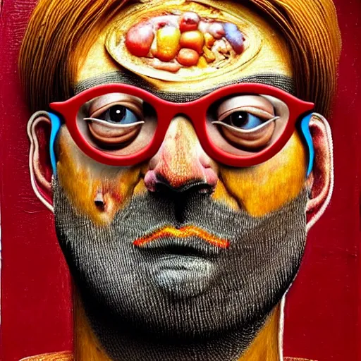 Image similar to jurgen klopp made of spaghetti and tomato sauce, by giuseppe arcimboldo and ambrosius benson, renaissance, intricate and intense oil paint, a touch of beksinski and hr giger and edward munch, realistic