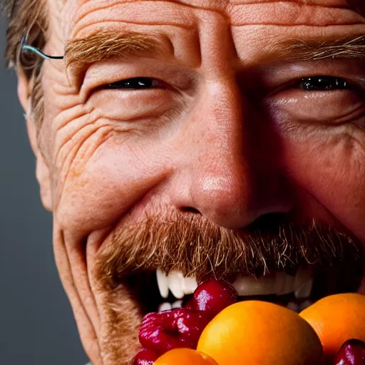 Image similar to closeup portrait of happy bryan cranston with open mouth filled with cranberies, eating cranberries, food photography, natural light, sharp, detailed face, magazine, press, photo, steve mccurry, david lazar, canon, nikon, focus