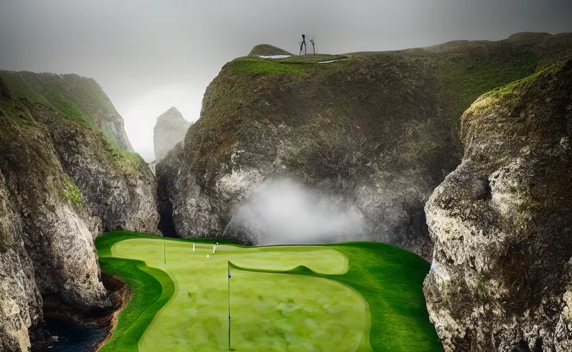 Image similar to a great photograph of the most amazing golf hole in the world, rainy day during lightning storm, cliffs by the sea, perfect green fairway, human perspective, ambient light, 5 0 mm, golf digest, top 1 0 0, fog