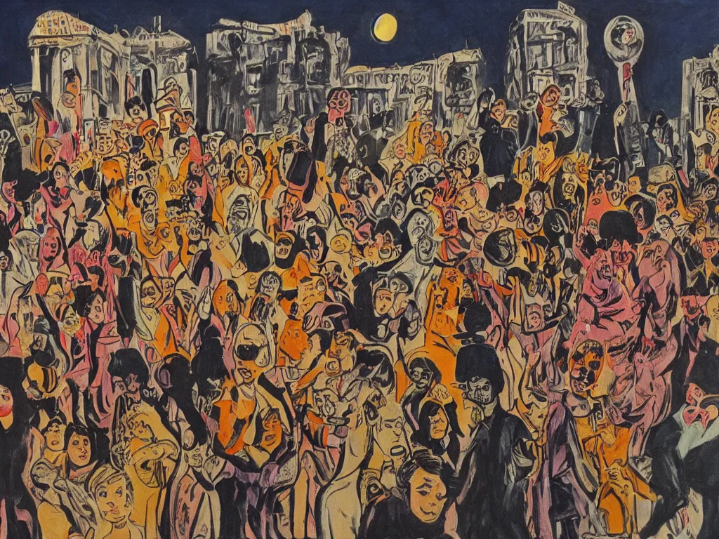 Image similar to feminist revolution, lisbon city at night, art in the style of paula rego