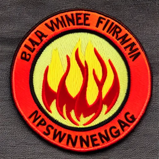 Prompt: vintage blazing windy fire flame warning label patch