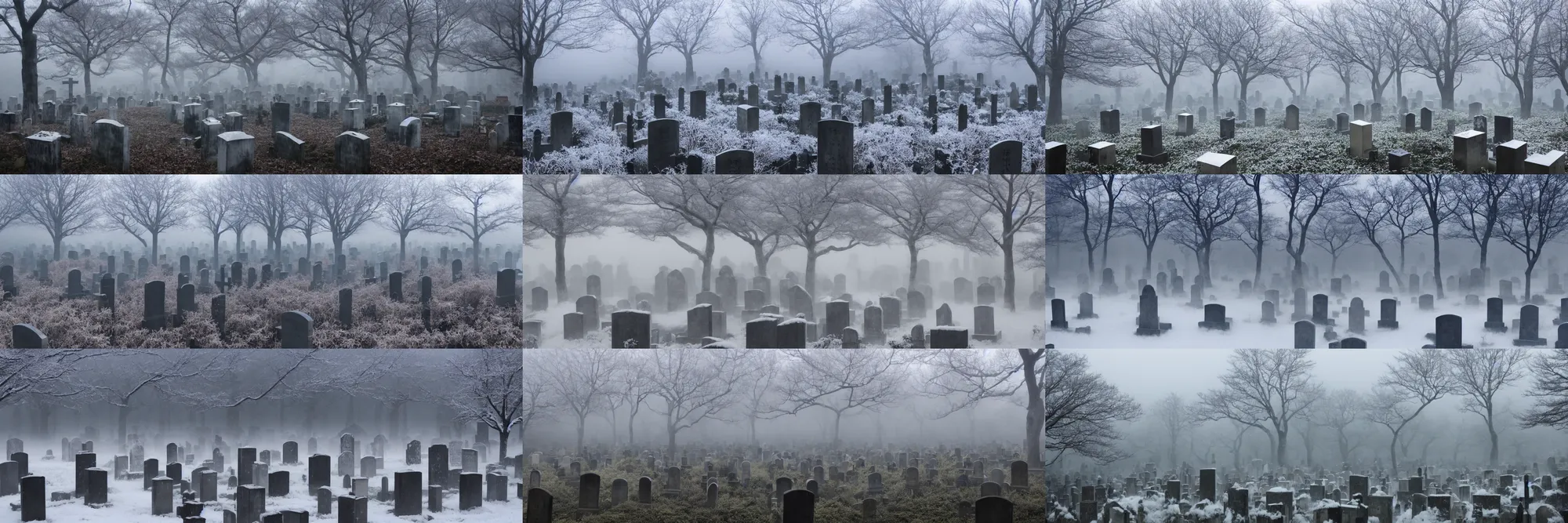 Prompt: japanese graveyard immersed in mist in winter
