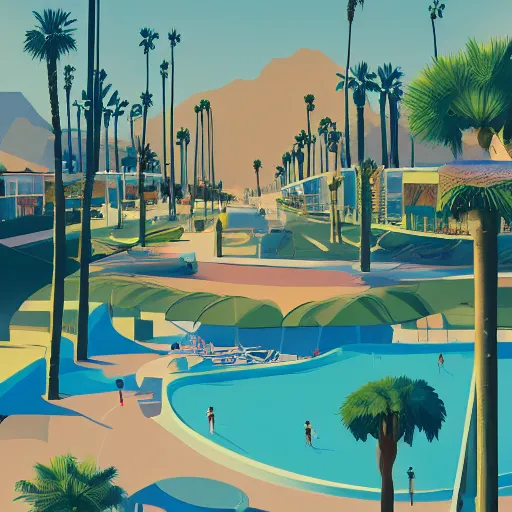 Prompt: a beautiful illustration of palm springs by James gilleard, color olive, color tangerine, artstation HD, geometric lines, HD, 4k, 8k