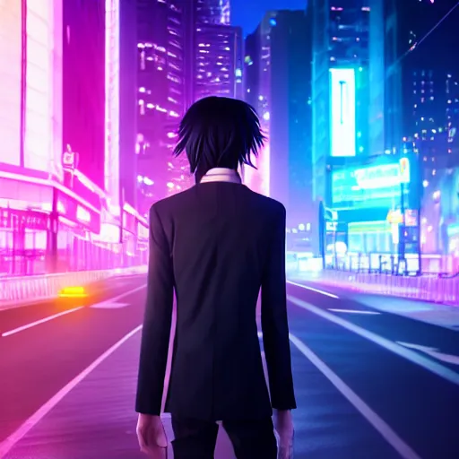 Image similar to Lelouch Lamperouge in a neon city, octane render 8k, atmospheric render, myserious man, professional render, volumetric light, redshift render, eccentric Lelouch vi Britannia, bokeh effect, detailed face