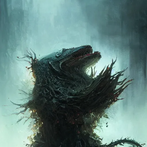 Image similar to elder thing, antarctis, dramatic lighting, painted by raymond swanland, painted by greg rutkowski, painted by jeremy mann, painted by artgerm, painted by igor kieryluk, trending on artstation