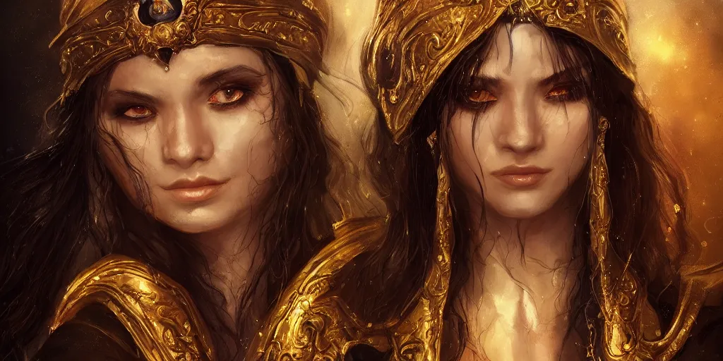 Prompt: a portrait of a young priestess with long black hair weavering golden string of magic, barroque painting, ultra realistic. cinematic, dynamic. magic the gathering style. epic fantasy, insanely detailed, 4k, symmetrical face, rpg character reference