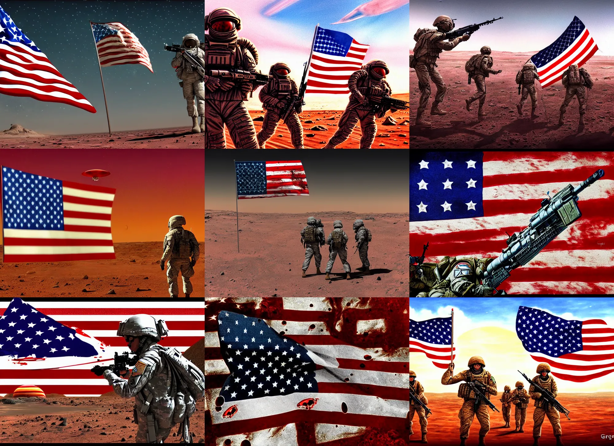 Prompt: american soldiers invaded mars, dead peaceful aliens, raised a bloody american flag, realistic 4 k, war digital art by greg ritkowski