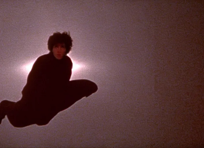 Prompt: a still from the breakfast club ( 1 9 8 5 ) of a man lifelessly floating 9 feet above the ground at night, illuminated by a single red light