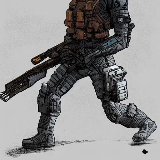 Image similar to a cyberpunk soldier with tactical gear and a rifle on mars, Industrial Scifi, detailed illustration, character portrait, by Martin Grip and Moebius