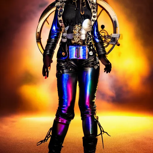 Prompt: pirate woman with iridescent skin, wearing steampunk astronaut clothes, bokeh, 8 k