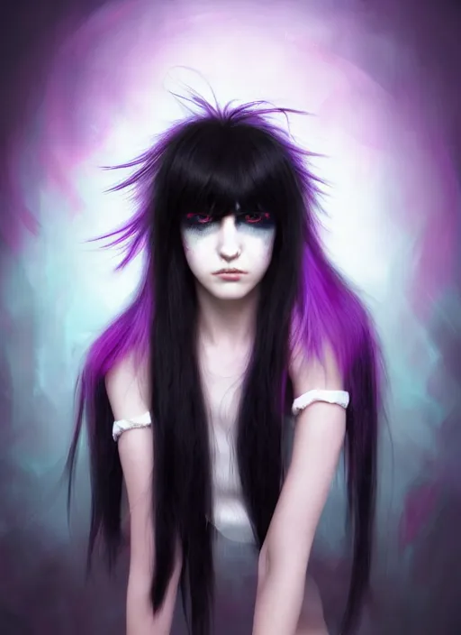 Image similar to hair blackbangs hair, white cyberlox, portrait of normal teenage girl, normal face, black bangs, messy bangs, fluffy bangs, cyberlox, whitebangs, red contact lenses, purple background, intricate, elegant, highly detailed, digital painting, artstation, concept art, sharp focus, smooth, illustration, art by wlop, mars ravelo and greg rutkowski