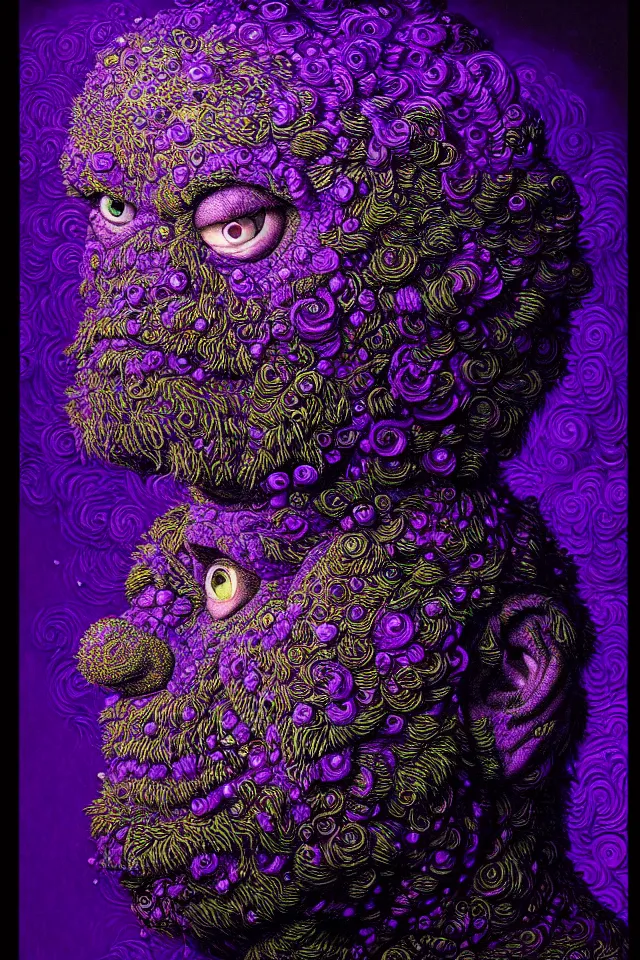 Image similar to bizarre purple blacklight detailed renaissance portrait of cookie monster as a highly detailed realistic real life person, dramatic cinematic lighting, 8 k, beautiful intricate painting by james r eads and tomasz alen kopera